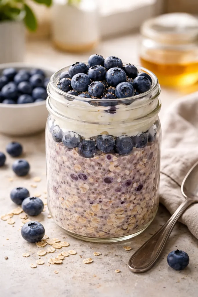 Jar of overnight oats with blueberries visible