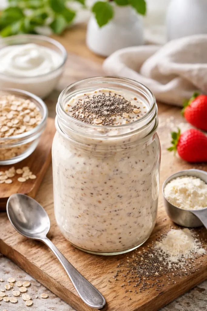 10 High Protein Breakfasts for Busy Mornings 6 Overnight oats with protein powder and chia seeds in a jar