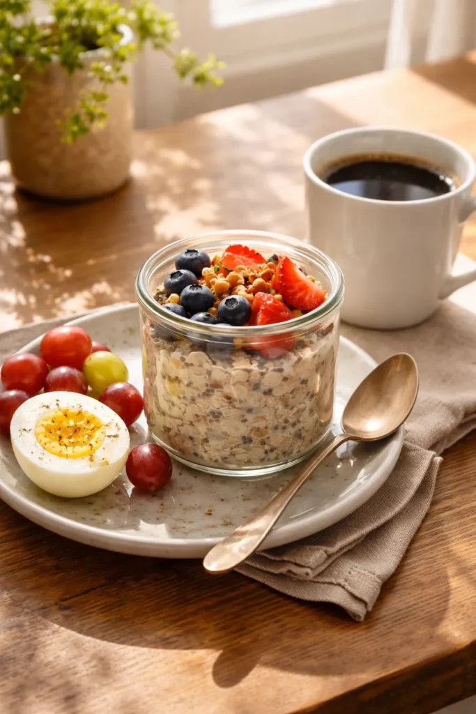 Overnight oats served with a hard-boiled egg, grapes, and coffee for a balanced breakfast