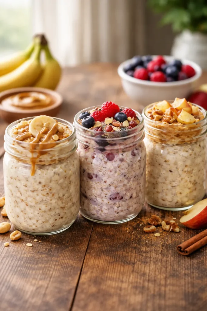 Three jars of overnight oats with different toppings