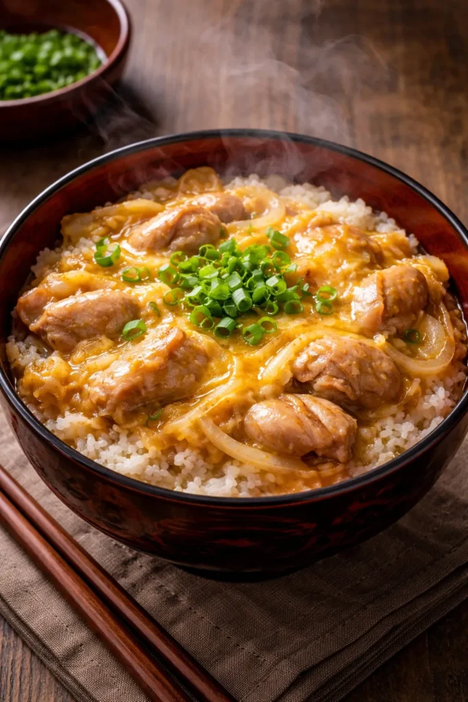 8 Skillet Dinners Ready in 20 Minutes 3 Steaming oyakodon in a bowl with chicken, egg, and rice.
