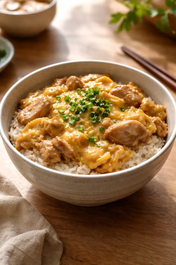 Close-up of oyakodon in a ceramic bowl with egg ribbons over rice