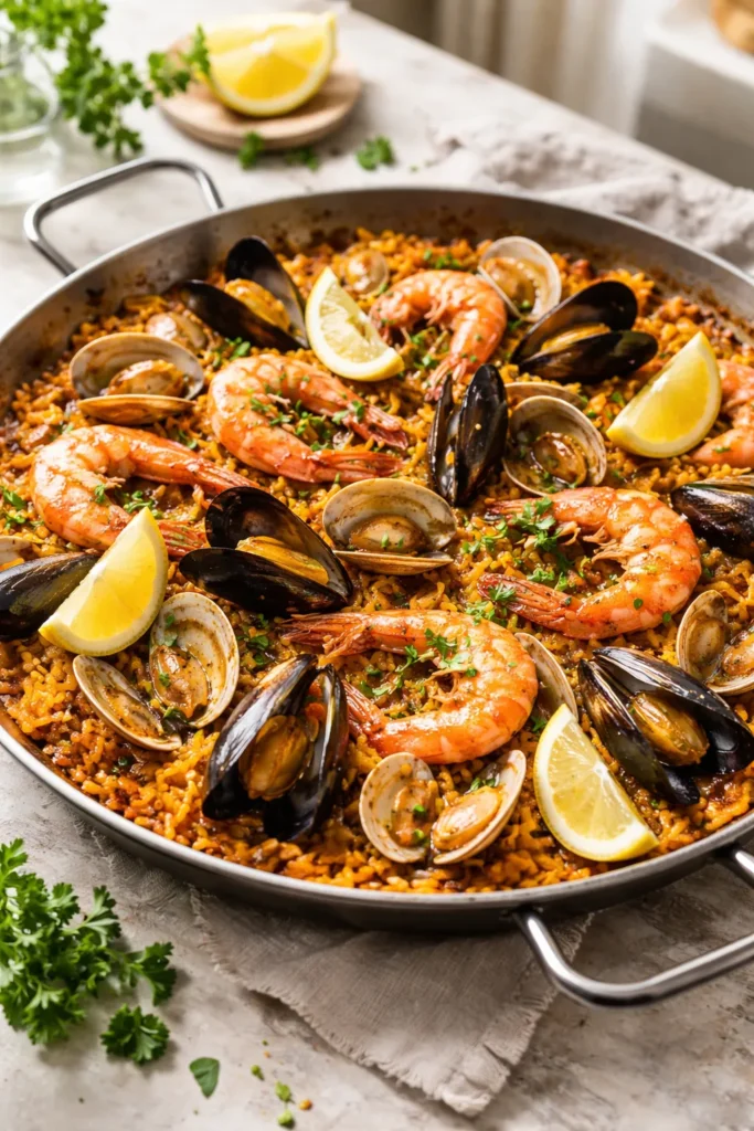 Seafood paella with saffron rice and shellfish in pan