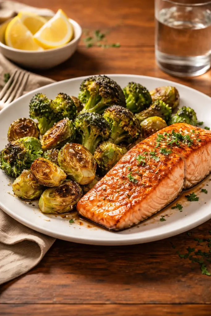 8 Roasted Broccoli and Sprout Side Dishes 12 Dinner plate with roasted broccoli and salmon