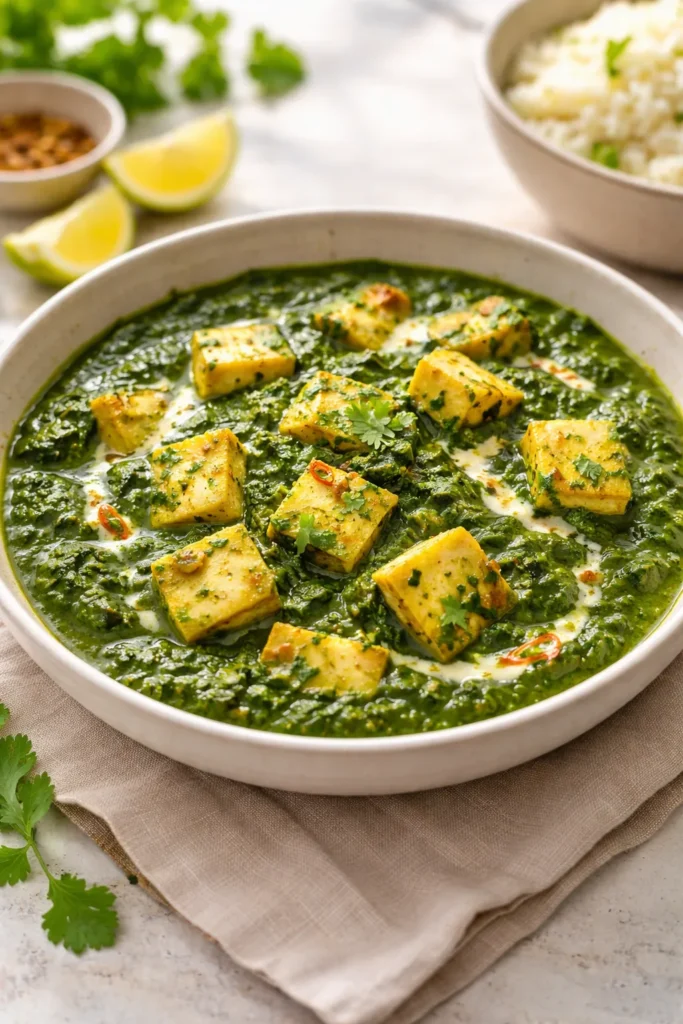 10 Easy Indian Curry Recipes for Weeknights 6 Palak paneer with spinach sauce and paneer cubes