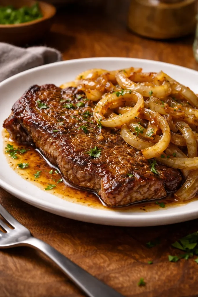 8 Skillet Dinners Ready in 20 Minutes 7 Close-up of Palomilla steak with caramelized onions on plate
