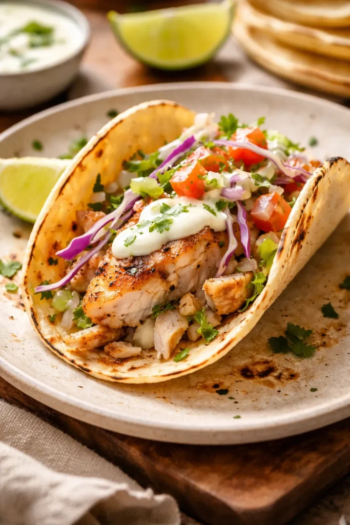 8 Easy Fish Taco Recipes for Taco Night 3 Pan-seared fish taco with lime crema on top