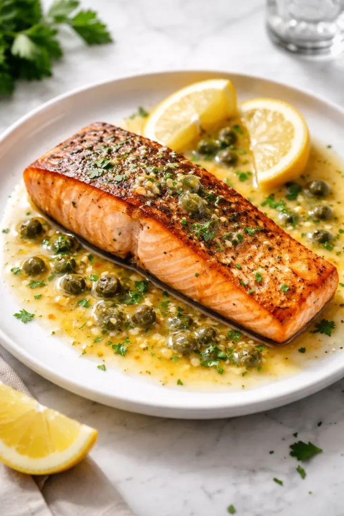 Seared salmon with lemon caper butter sauce on white plate
