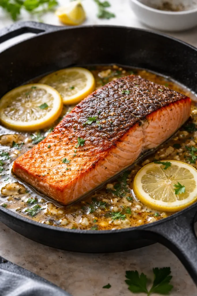 Crispy-skinned pan-seared salmon with butter-garlic-lemon sauce