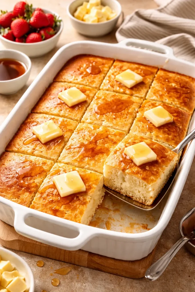 Pancake casserole baked in a 9x13 dish, cut into squares