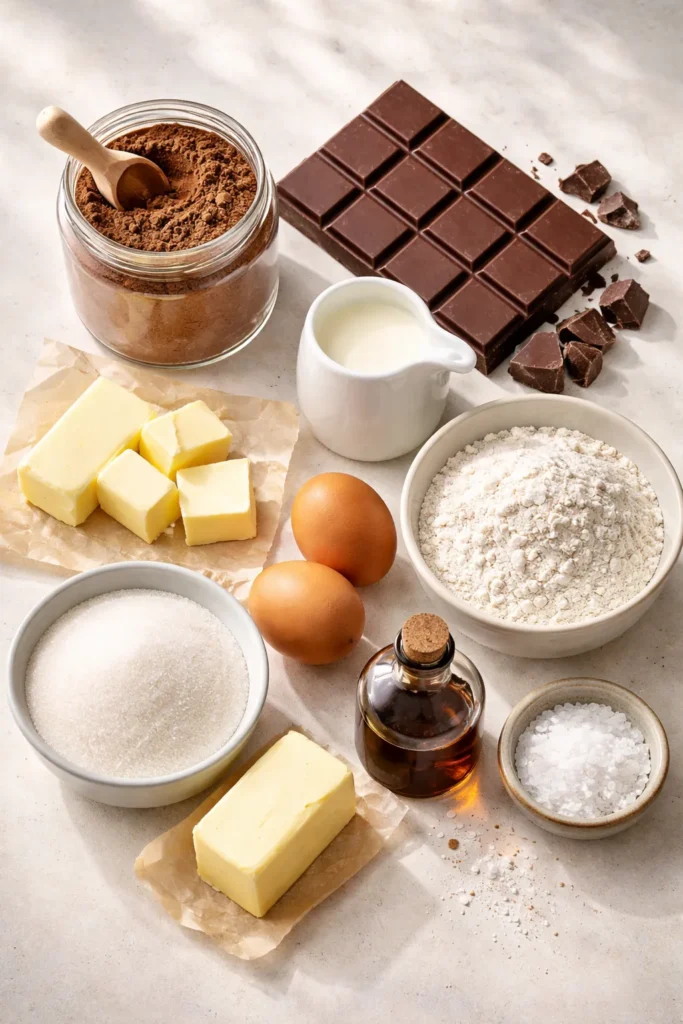 8 Easy Chocolate Dessert Recipes to Try 10 Flat lay of pantry staples for chocolate desserts