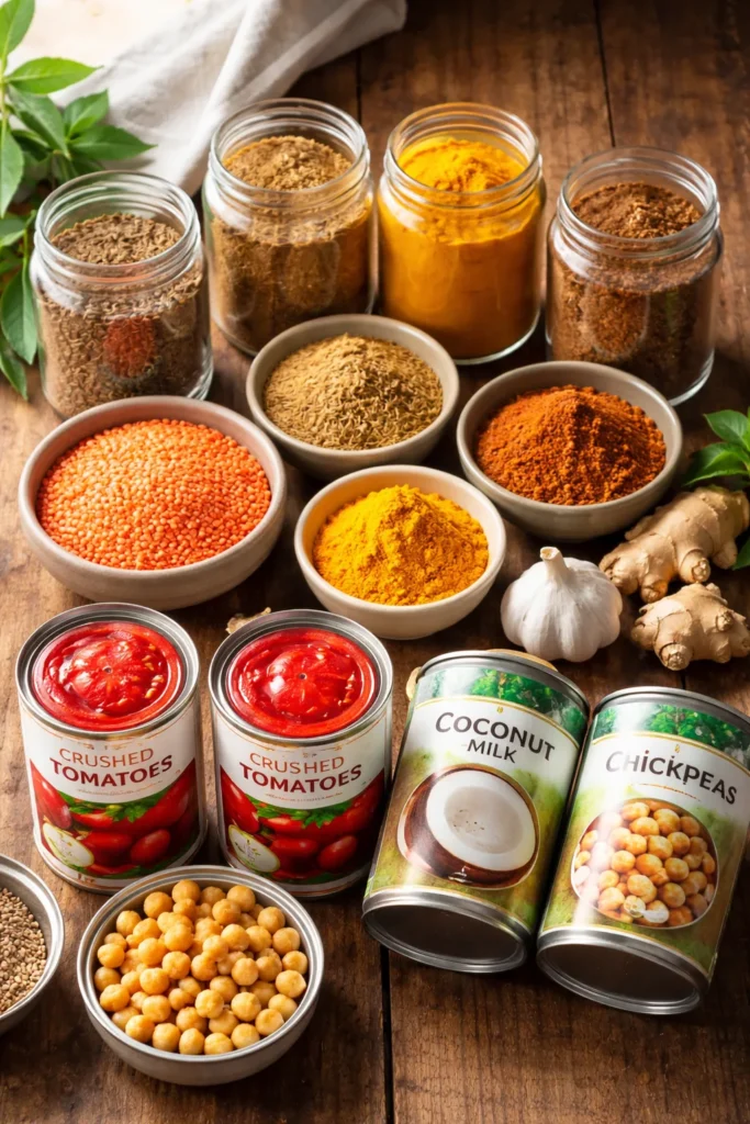 10 Easy Indian Curry Recipes for Weeknights 12 Pantry staples for curries arranged on wood