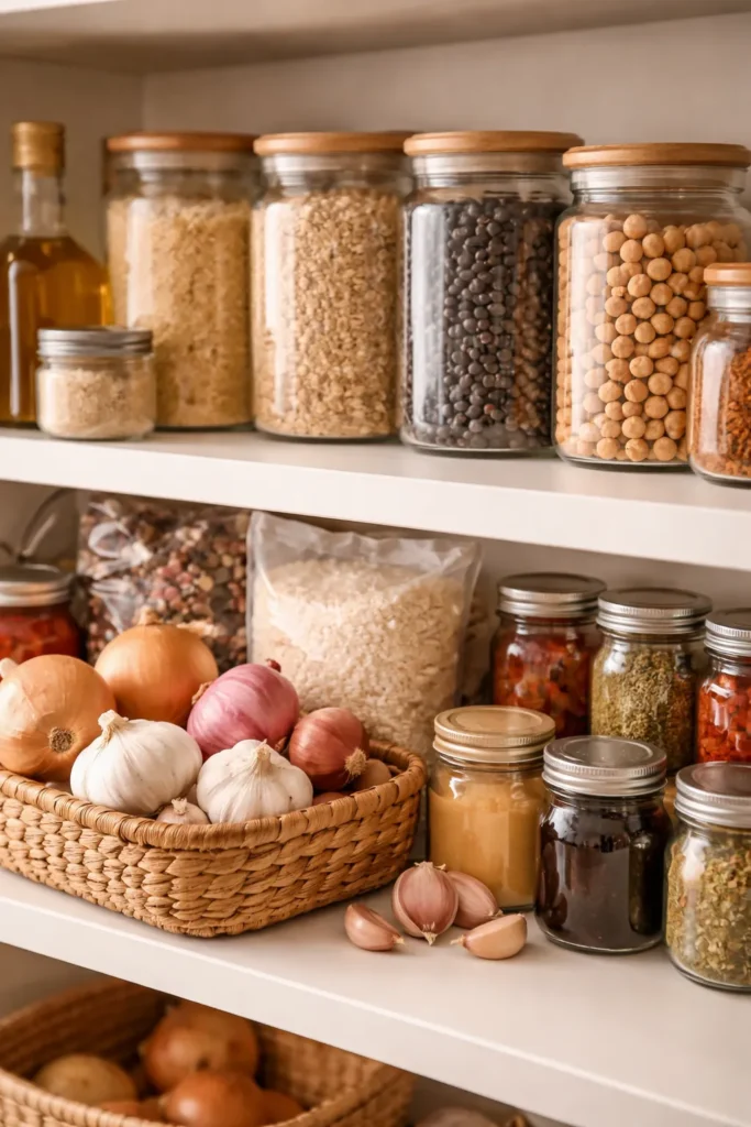 Pantry staples for Instant Pot success including onions, garlic, beans, and rice