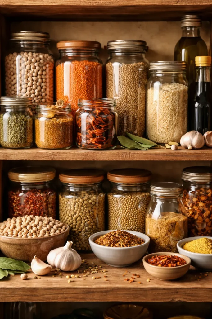 8 Vegetarian Dinners That Fill You Up 10 Unlabeled pantry jars with legumes on a wooden shelf