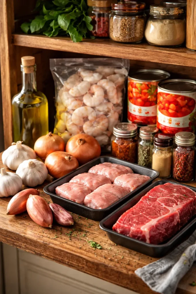 8 Skillet Dinners Ready in 20 Minutes 13 Close-up of pantry staples: olive oil, garlic, onions, canned tomatoes, shrimp, chicken thighs, steak, and spices on a rustic shelf