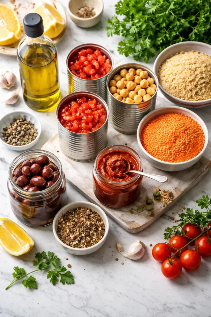 8 Mediterranean Dinner Recipes for Weeknights 10 Assorted Mediterranean pantry staples arranged neatly on a counter