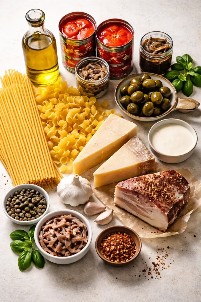 12 Easy Pasta Dinners Better Than Takeout 2 Top-down view of pantry staples for pasta: pasta, oils, tomatoes, cheeses, garlic, anchovies, capers, olives, guanciale, cream, chili flakes