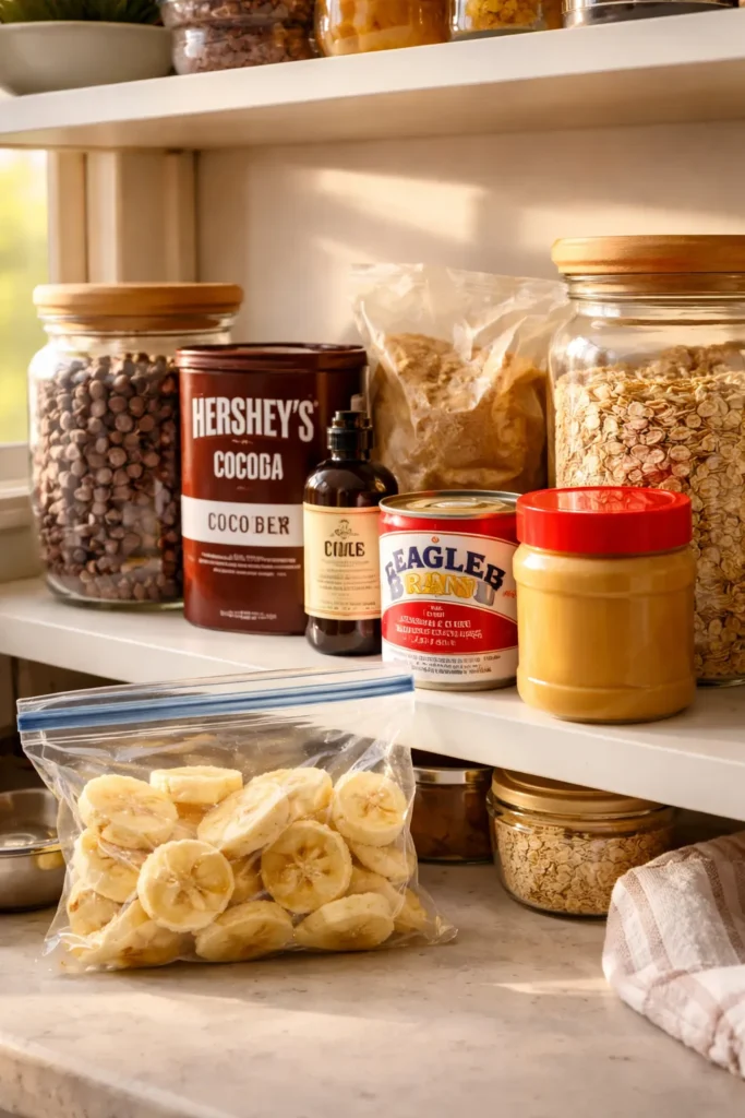 8 Quick Desserts When You Want Something Sweet 1 Assorted baking staples on a kitchen shelf: chocolate chips, cocoa powder, vanilla, brown sugar, condensed milk, peanut butter, oats.