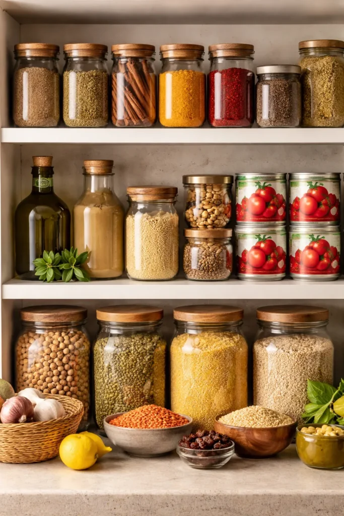 10 Middle Eastern Recipes Easy to Make at Home 11 Pantry shelf with spices, legumes, bulgur, and olive oil