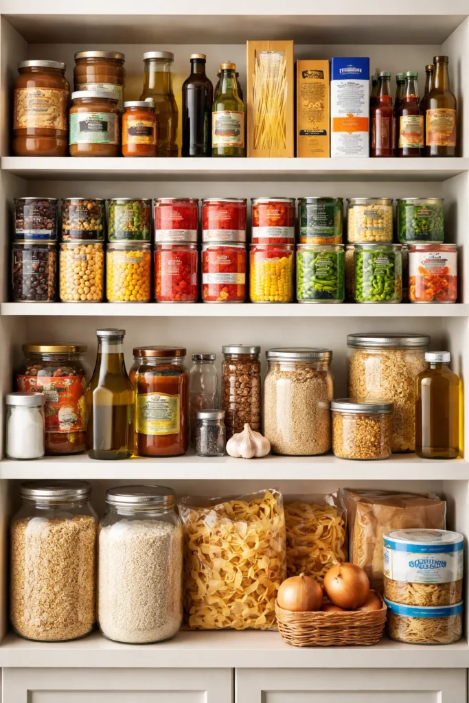 Organized pantry shelf stocked with shelf-stable staples