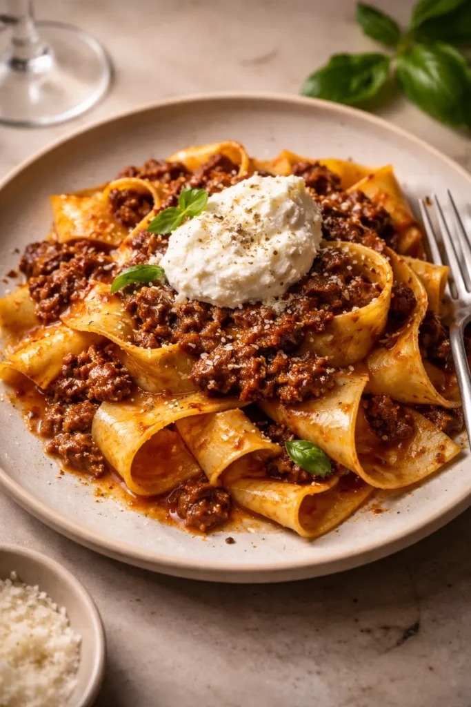 Pappardelle Bolognese with slow-braised beef and ricotta on plate