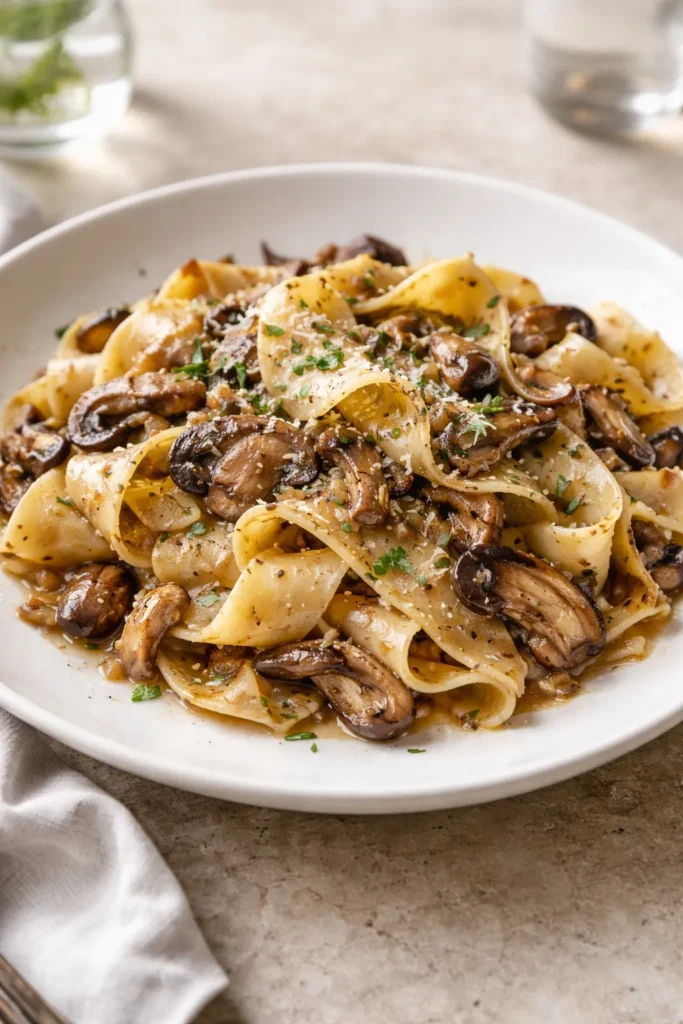 Pappardelle with wild mushrooms in a glossy sauce on a white plate