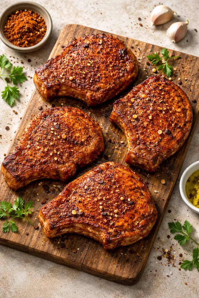 8 Slow Cooker Pork Chops That Fall Apart 8 Pork chops with paprika garlic rub on wooden board