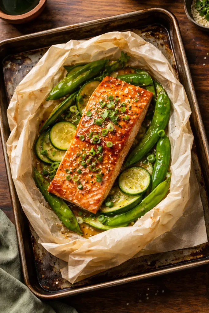 10 Clean Eating Recipes for the Whole Week 3 Parchment packet with salmon and vegetables, ready to bake