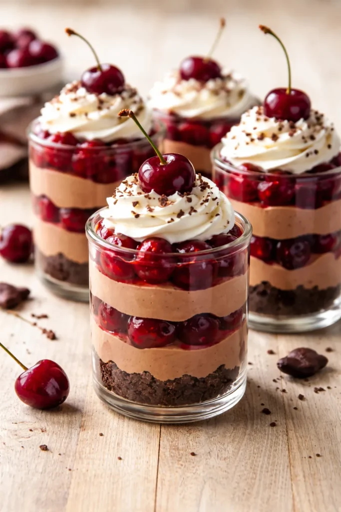 10 Easy Chocolate Cherry Desserts for Cravings 10 Individual Chocolate-Cherry Parfaits in clear glasses showing layered textures