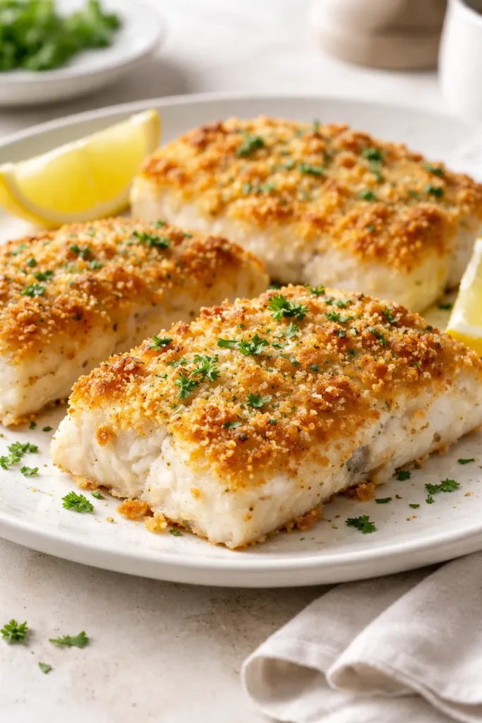 10 Oven-Baked Meals for Easy Weeknight Dinners 8 Parmesan-crusted cod fillet on a plate with crispy crust