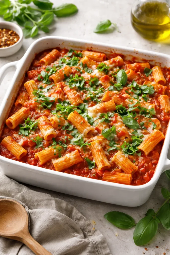 12 Dump and Bake Casseroles With No Fuss 11 Pasta bake with tomato basil sauce in a baking dish