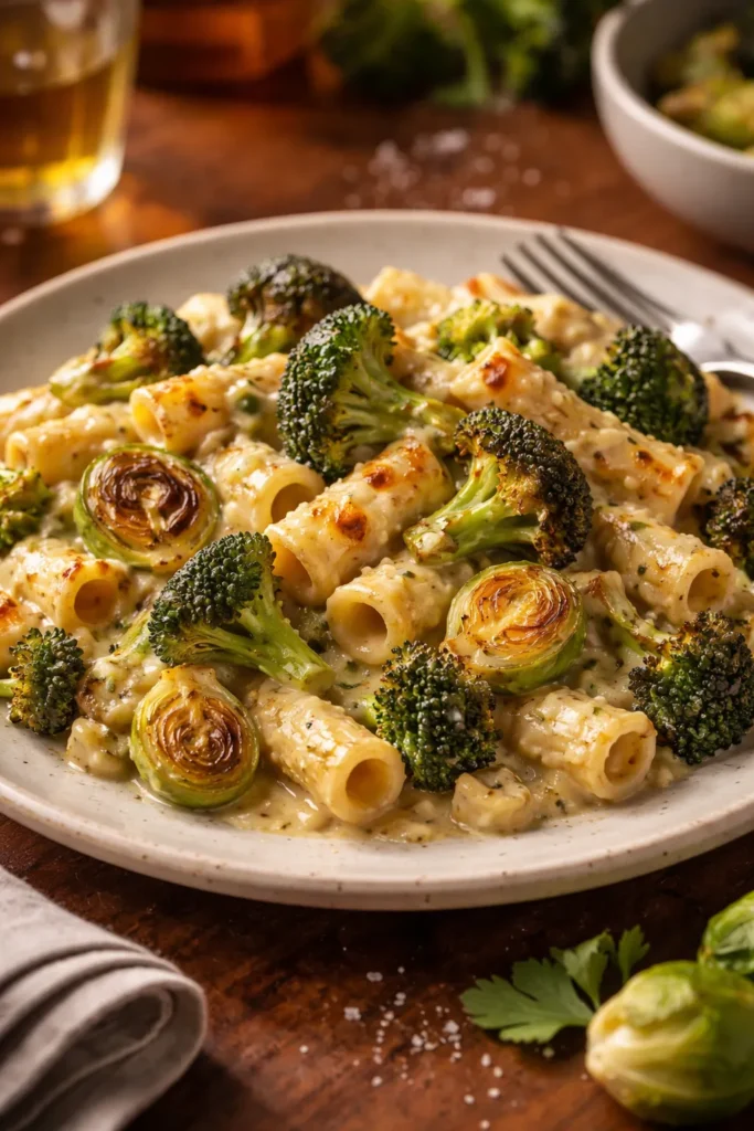 8 Roasted Broccoli and Sprout Side Dishes 8 Plate of pasta with roasted broccoli and Brussels sprouts in creamy cheese sauce