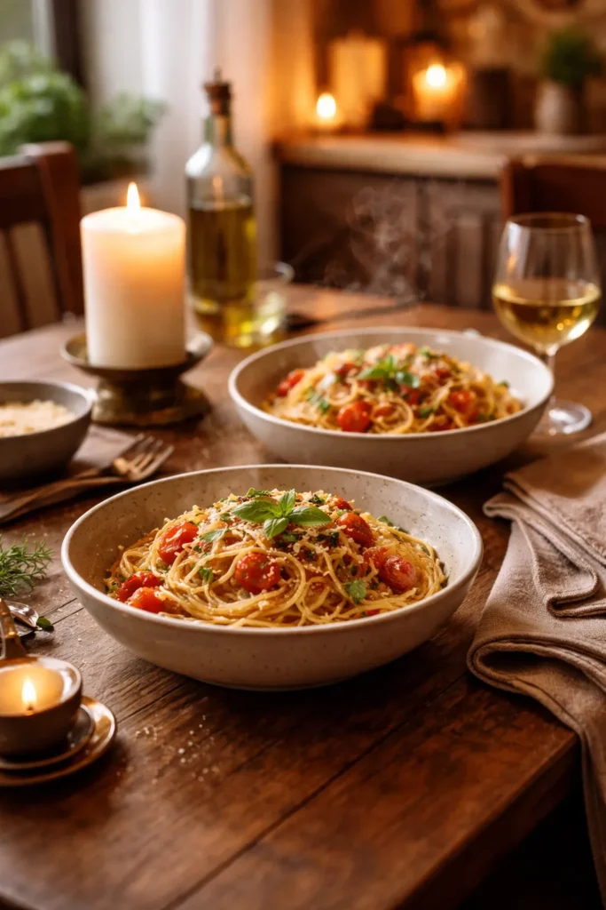 Two steaming pasta bowls on a candlelit wooden table for a cozy pasta dinner for two