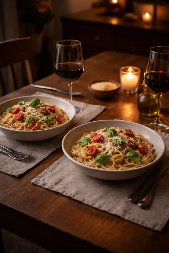 Two bowls of pasta and wine on a cozy table for two signaling the end of a pasta night
