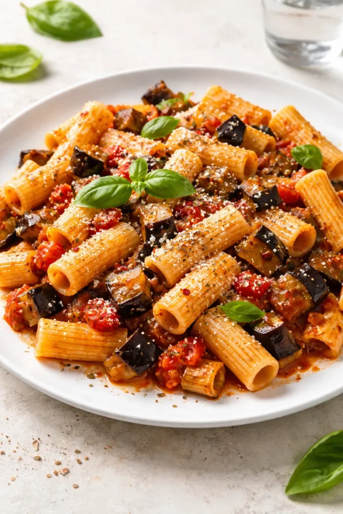 Rigatoni pasta with roasted eggplant in tomato sauce