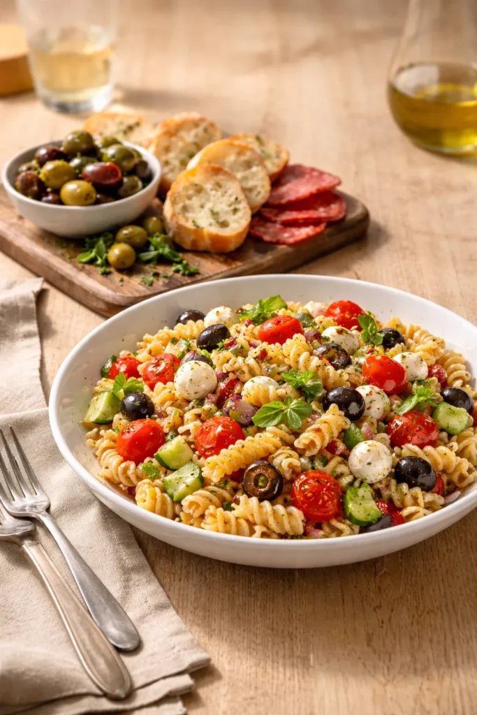 8 Pasta Salad Recipes for Your Next Cookout 11 Pasta salad with olives and bread as complementary sides on a table