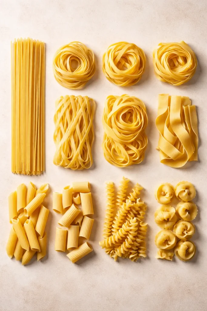 Assorted pasta shapes arranged on a neutral background for sauce pairing