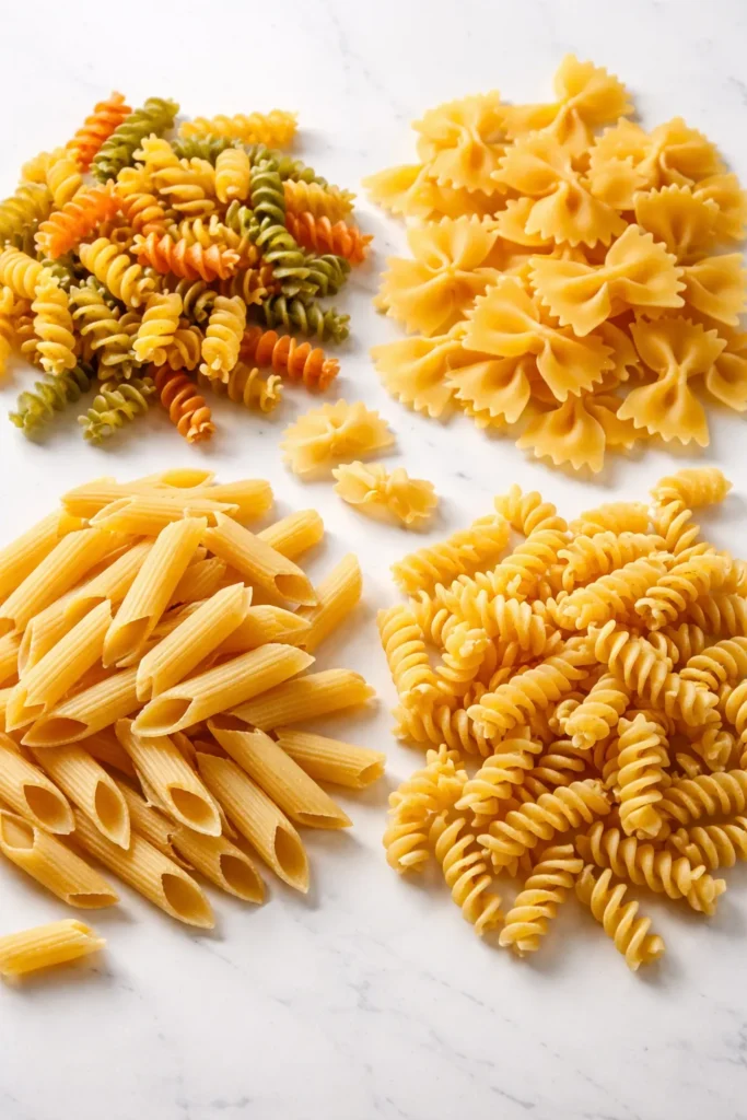 8 Pasta Salad Recipes for Your Next Cookout 9 Assorted pasta shapes including rotini, farfalle, penne rigate, and fusilli on a light background
