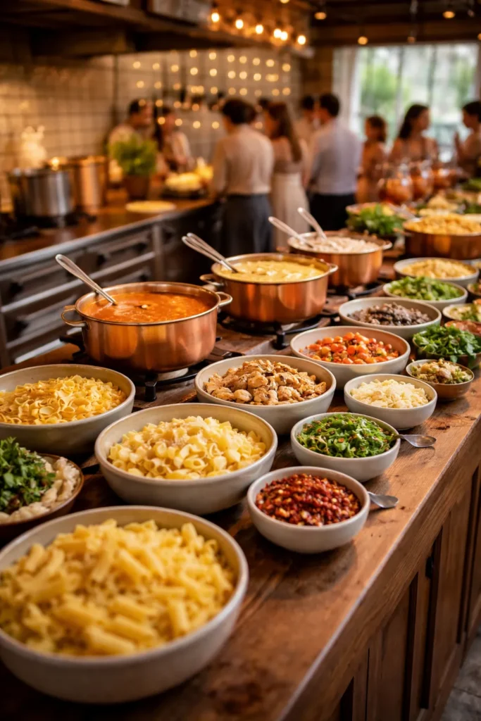 8 Wedding Reception Food Ideas on a Budget 3 Pasta station with sauces, pasta shapes, and toppings for a wedding