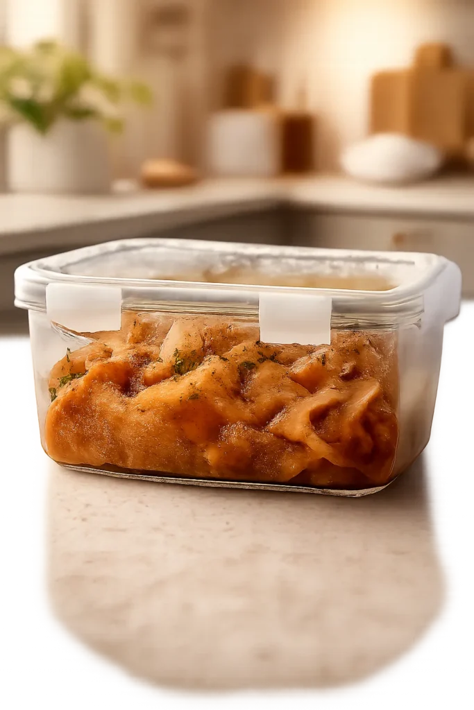 10 One-Pot Pasta Recipes With Easy Cleanup 15 Clear airtight container with saucy pasta and condensation on the lid