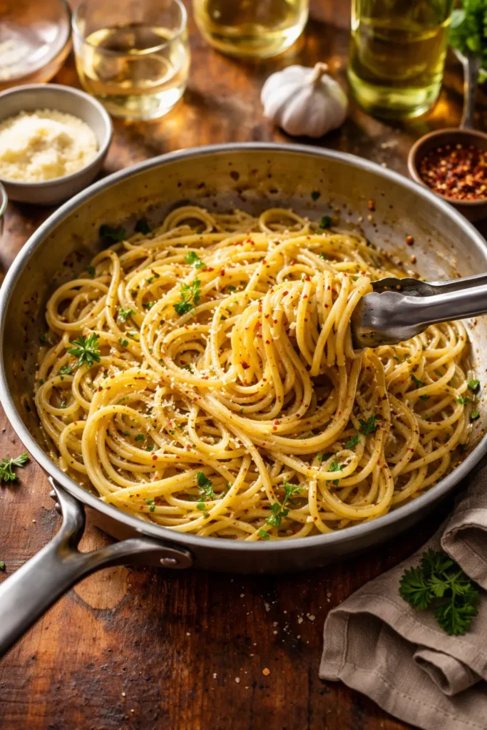 Close-up of pasta for two in a small skillet with glossy olive oil and red pepper flakes
