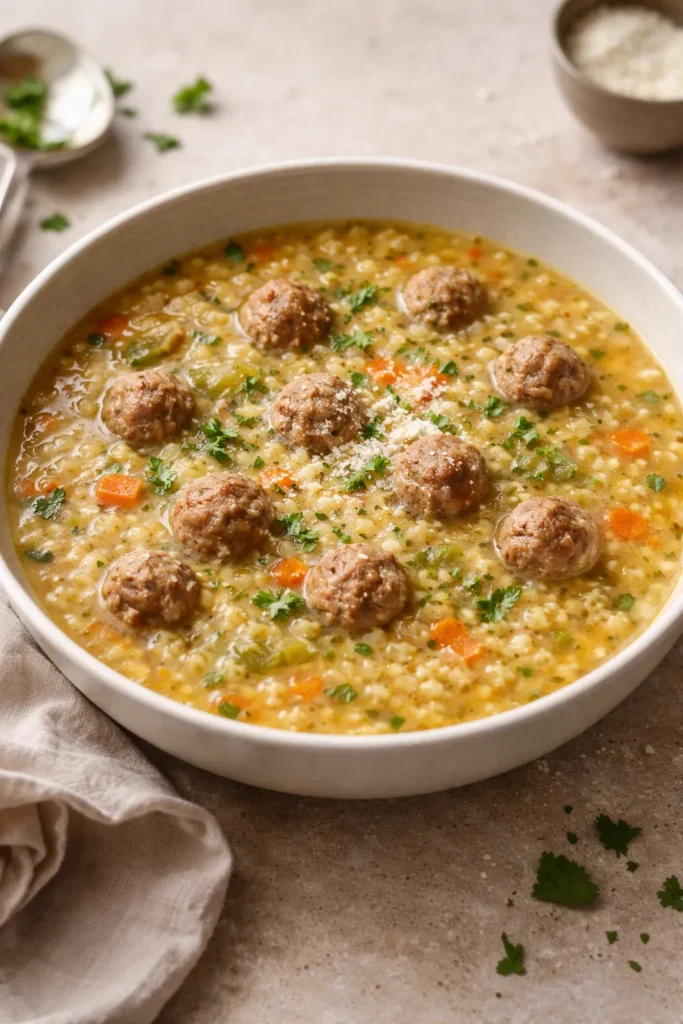 Pastina soup with tiny meatballs in broth