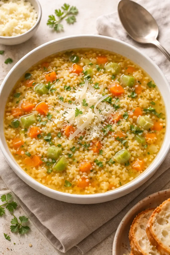 12 Kid-Friendly Dinners Beyond Chicken Nuggets 12 Pastina soup with Parmesan and vegetables in a bowl