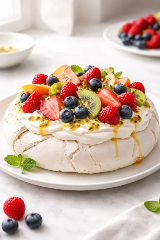 15 Fool Proof Dessert Recipes for Bad Bakers 14 Pavlova with fruit on a plate with whipped cream and berries