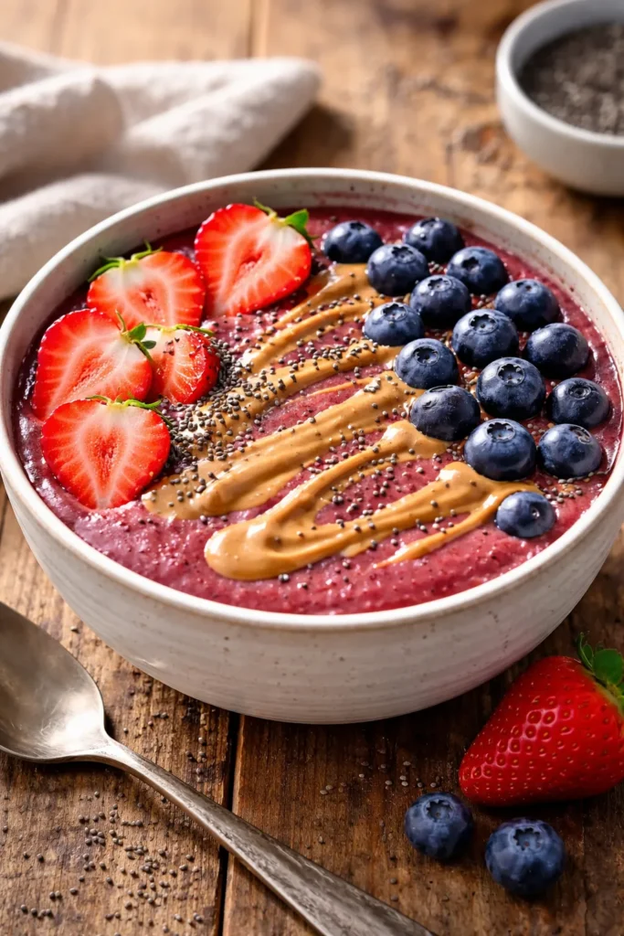 8 High Protein Smoothie Bowl Recipes 6 PB and J inspired smoothie bowl with strawberry base and peanut butter drizzle.