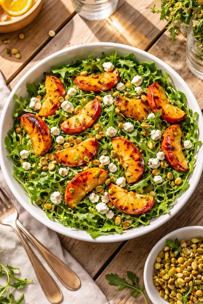 15 Fresh Peach Recipes Before Summer Ends 14 Arugula salad with grilled peaches, feta, and pistachios in a bowl