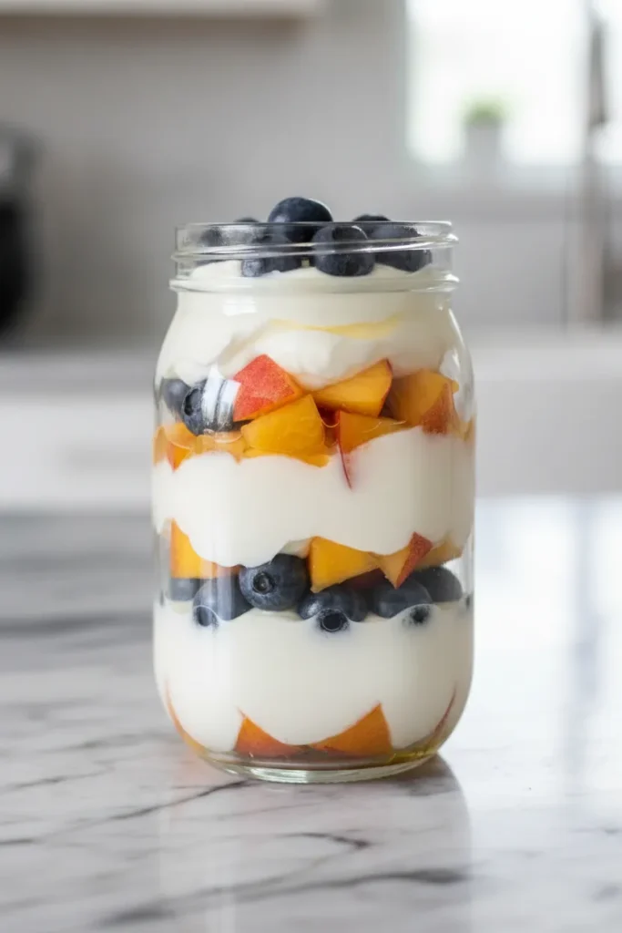8 Yogurt Parfait Recipes for a Quick Breakfast 5 Fresh peach and blueberry yogurt parfait with honey drizzle