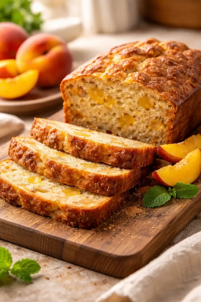 10 Canned Peach Desserts When You're In a Rush 6 Sliced peach bread loaf on cutting board with golden slices