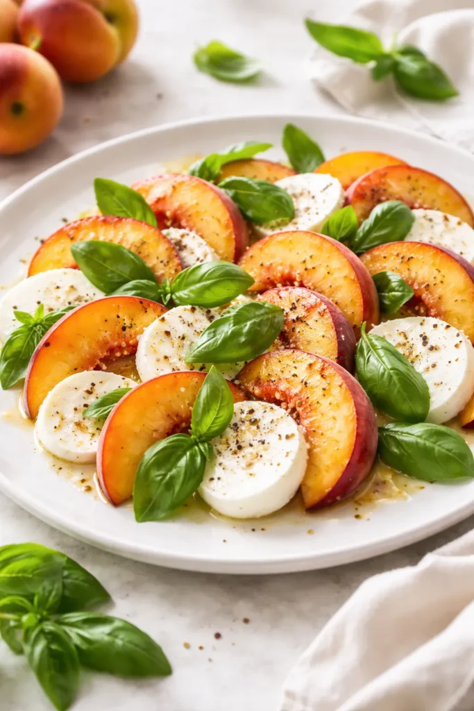 15 Fresh Peach Recipes Before Summer Ends 6 Peach caprese salad with mozzarella and basil on plate