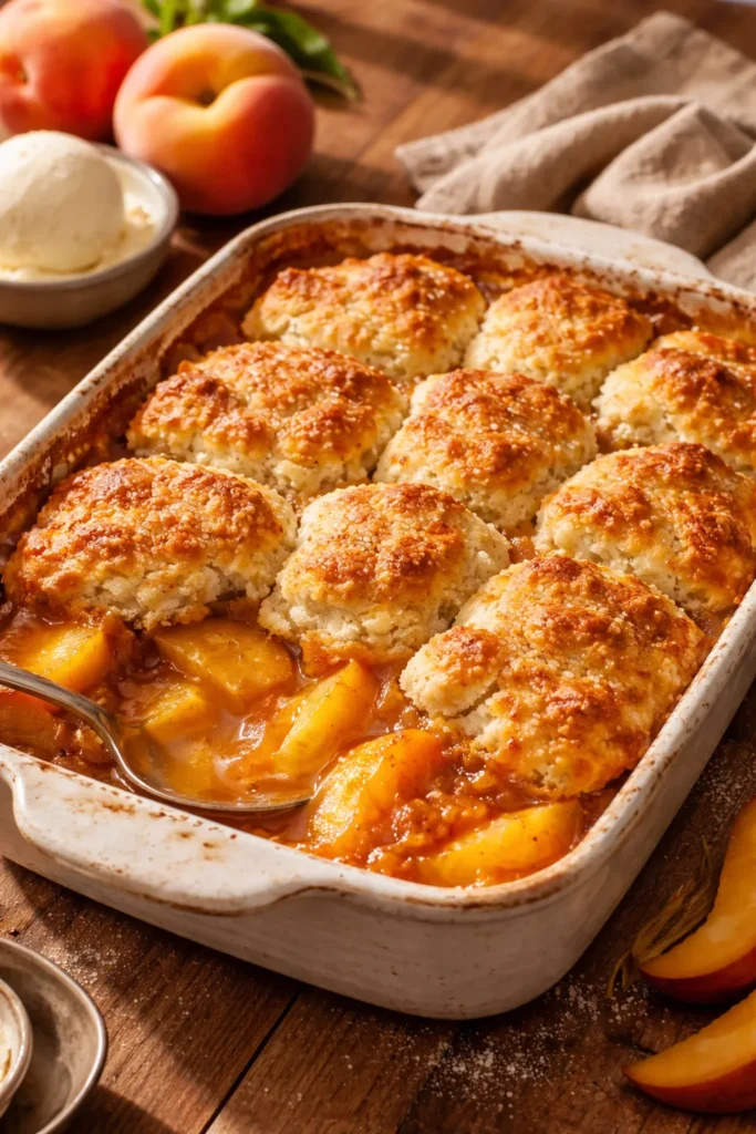 15 Crowd-Pleasing Desserts for Summer BBQs 6 Peach cobbler with biscuit topping in a rustic dish